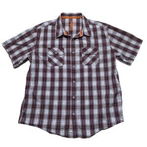 American Worker Shirt Mens Large Plaid Gray Burgundy Short Sleeve Casual